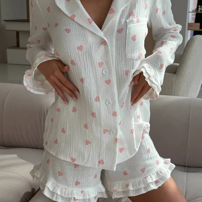 Leopard Printing Elastic Waist Summer Casual Shorts Femme Pajamas Set Long Sleeve Nightwear Turn Down Collar Sleepwear