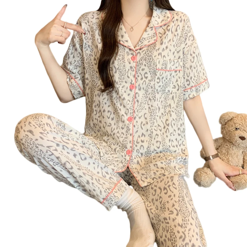 Leopard-print Women's Pajamas Spring Summer Short-sleeve Top and Long Pants Loungewear Set