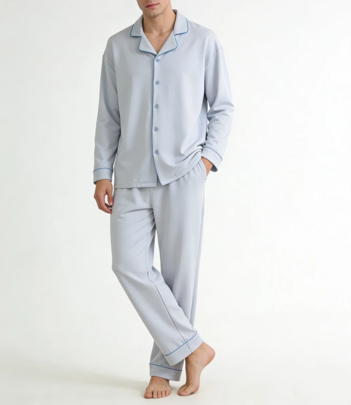 Light Blue Men's Knitted Pajama Set 260g Polyester/Cotton Homewear Cool Dry Sweat-Wicking Long-Sleeve Top