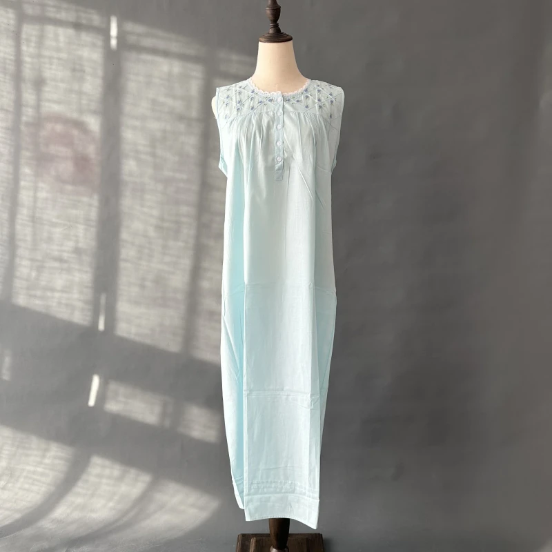 Light Blue Sleeveless Embroidered Nightdress