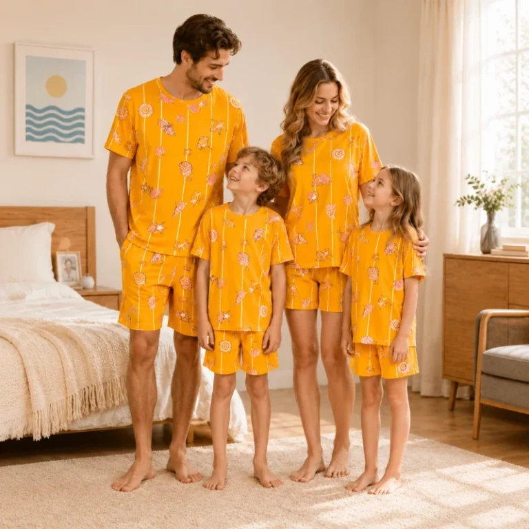 Lightweight-Bamboo-Spandex-Family-Pajamas-Sleepwear-Short-Sleeve-High-Elastic-Loungewear-Set
