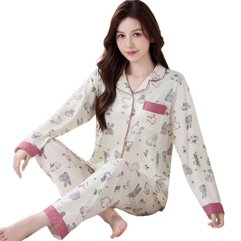 Lightweight Women's Spring fall Pajamas Sweet Animal Print Long sleeve Matching Loungewear Set