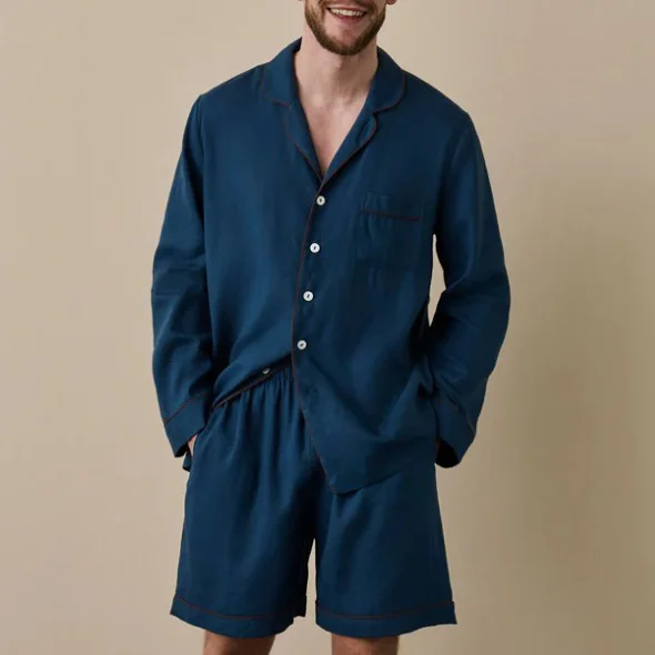Linen Casual Breathable Soft Sleepwear Loose Long Sleeve Men Shirt Shorts Pajamas Combo Pyjama Set Robe pajama set custom