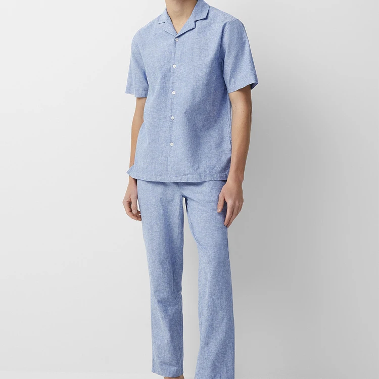 Linen Cotton Men's Pajamas Short Sleeve Sleep Tshirt and Pant Sets Summer Mens Pyjama Set Sustainable Sleepwear for Men