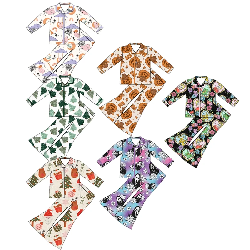 Little Girls' Long Sleeve Single Button Top Elastic Waist Flared Pants Mom & Daughter Matching Soft Family Sleepwear