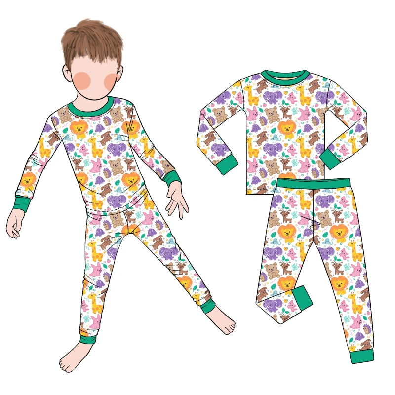 Little Glow Kid Best Selling Custom Bamboo Fiber Boys Long Sleeve Pajamas Casual Print Spring Autumn Sleepwear