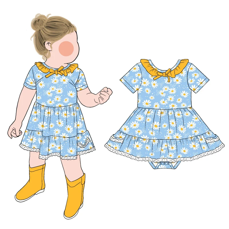 Little Glow Kid New Custom Girls Ruffle Collar Twirl Skirted Romper Snap Buttons Bubble Romper Comfortable Jumpsuit Pajamas