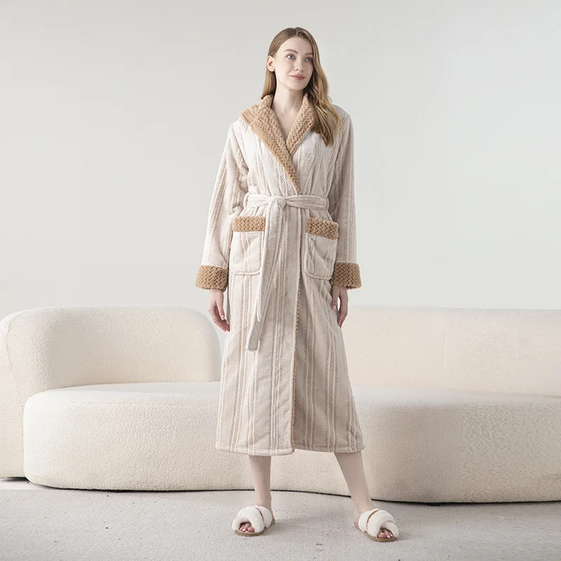 Long Length Autumn and Winter Plus Size Bathrobe Jacquard Velvet Nightgown Men's and Women's Robe Thick Pajamas Women's Robe