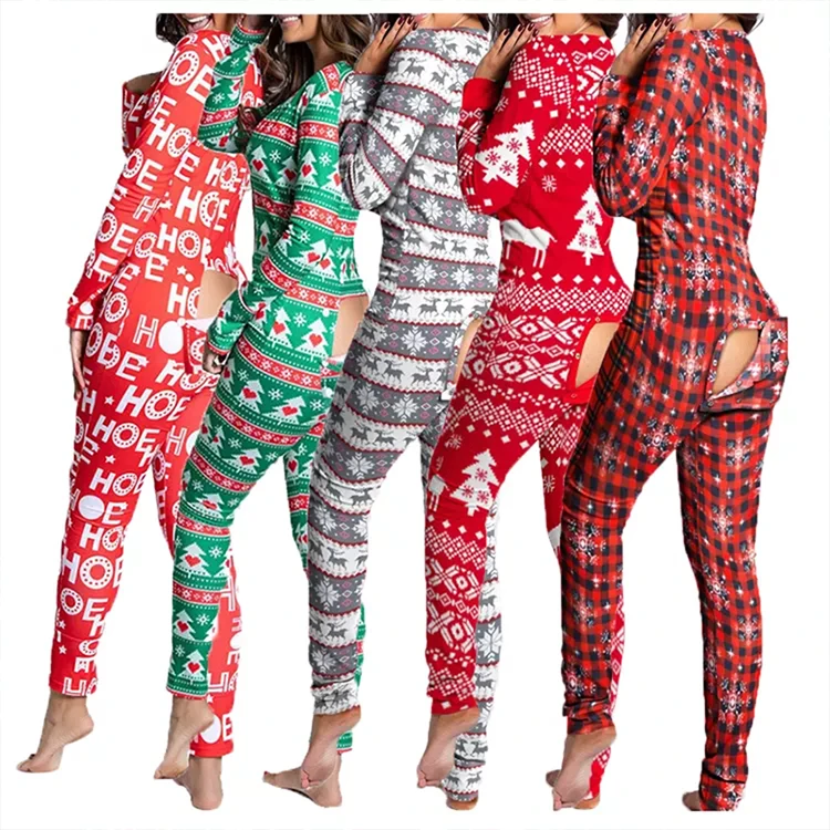 Long Pant Holiday Xmas Sleepwear Christmas Onesie Pajamas with Butt Flap for Women