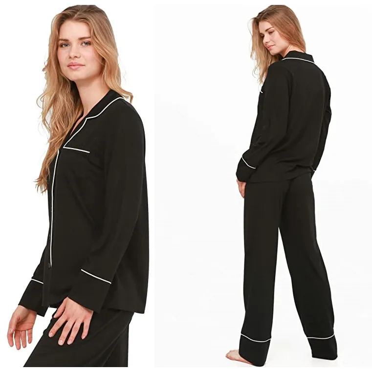 Long Pyjama Breathable Bamboo Viscose Pajama Set Custom Classic Piping Knit Pajamas for Women Set