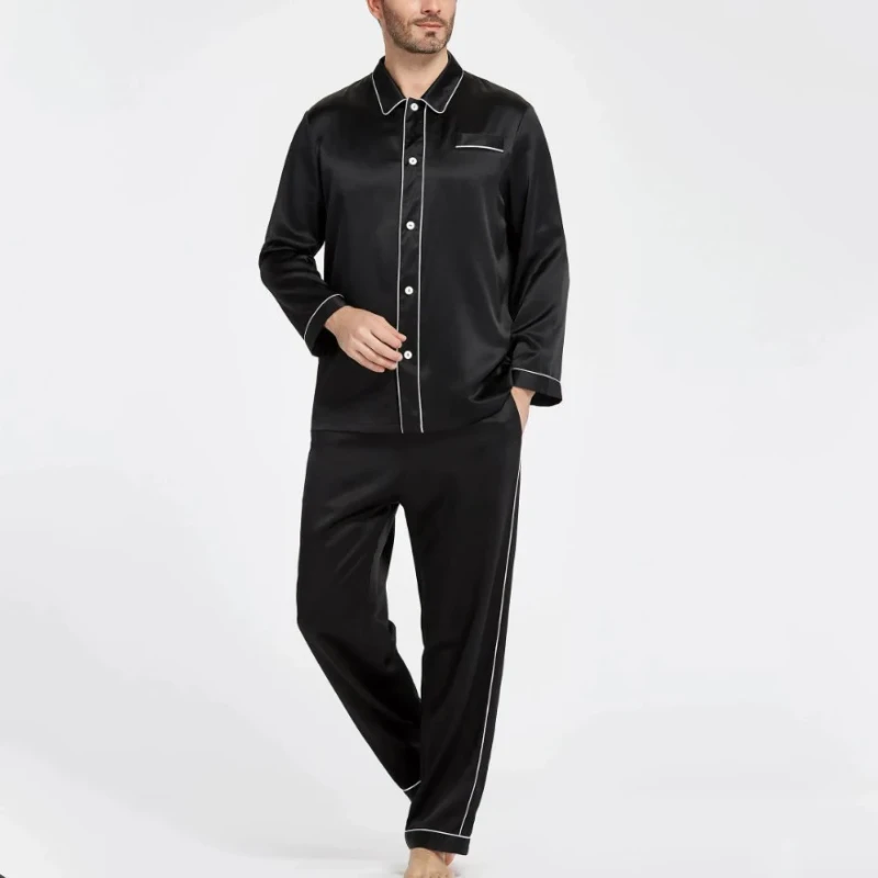Long Sleeve Button Down Pajama Set Sleepwear Loungewear With Double Row Pipping Silk Stain Pajamas Set for Men