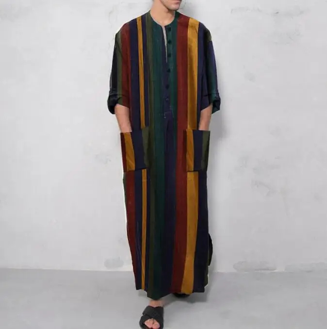 Long Sleeve Button Pockets Men's Robes Middle East Arabic Mens Clothes Print National Dress