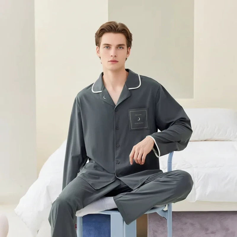 Long Sleeve Cotton Knitted Soft Printed Casual Leisure Custom logo Men's Pyjamas for Spring and Autumn