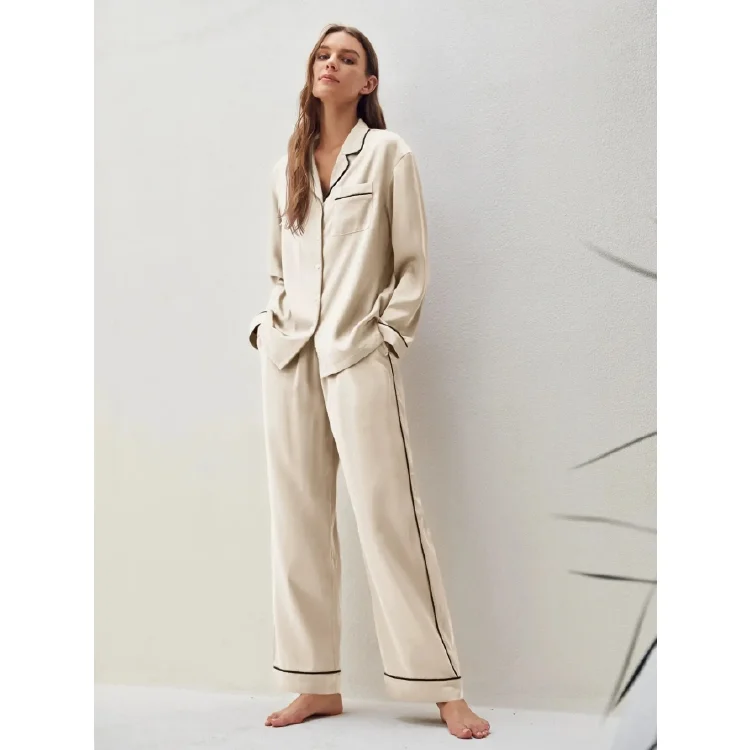 Long Sleeve Cotton Pyjamas Custom Solid Sleepwear Women Contrast Piping Blouse & Pants Bamboo Pajamas