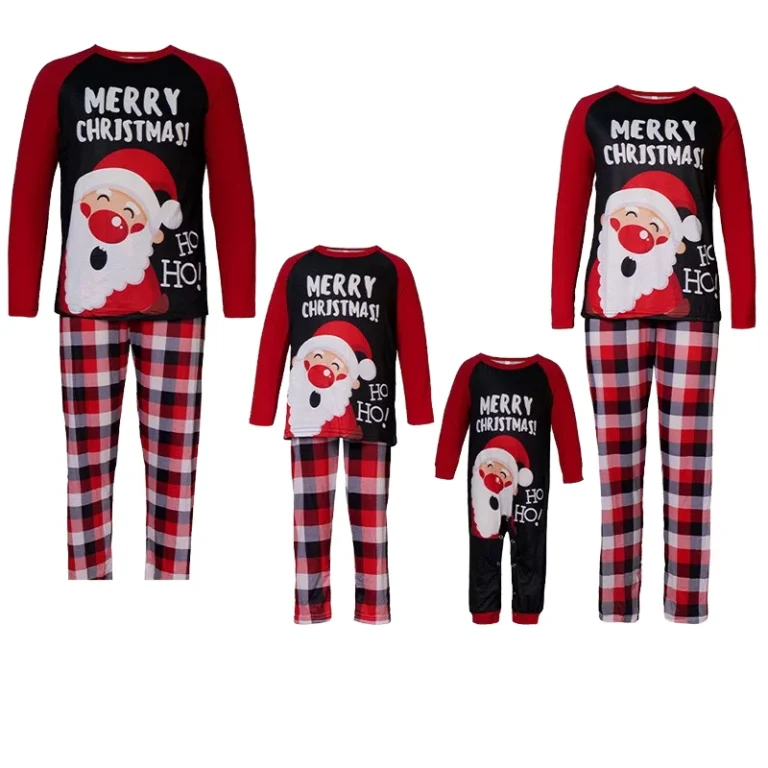 Long-Sleeve-Crew-Neck-Family-Matching-Pajamas-Set-Christmas-Santa-Claus-Reindeer-Plaid-Print-for-Autumn-and-Spring-Seasons