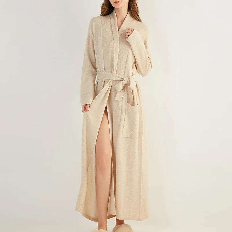 Long Sleeve Deep Wraps 100% Cashmere Cotton Wool Robes Dressing Gown Sexy Sweater Cardigan Bathrobe for Women