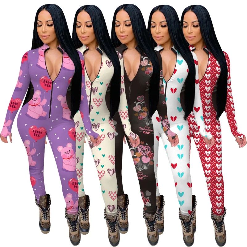 Long Sleeve Heart Printing One Piece Sleepwear Zipper Valentine's Day Adult Onesie Pajamas