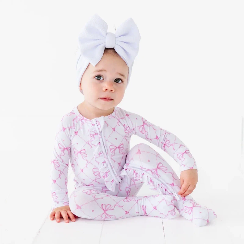 Long Sleeve Kids Pajamas Pink Floral Pattern Jumpsuit 95% Bamboo Viscose 5% Spandex Baby Clothes Toddler Clothing
