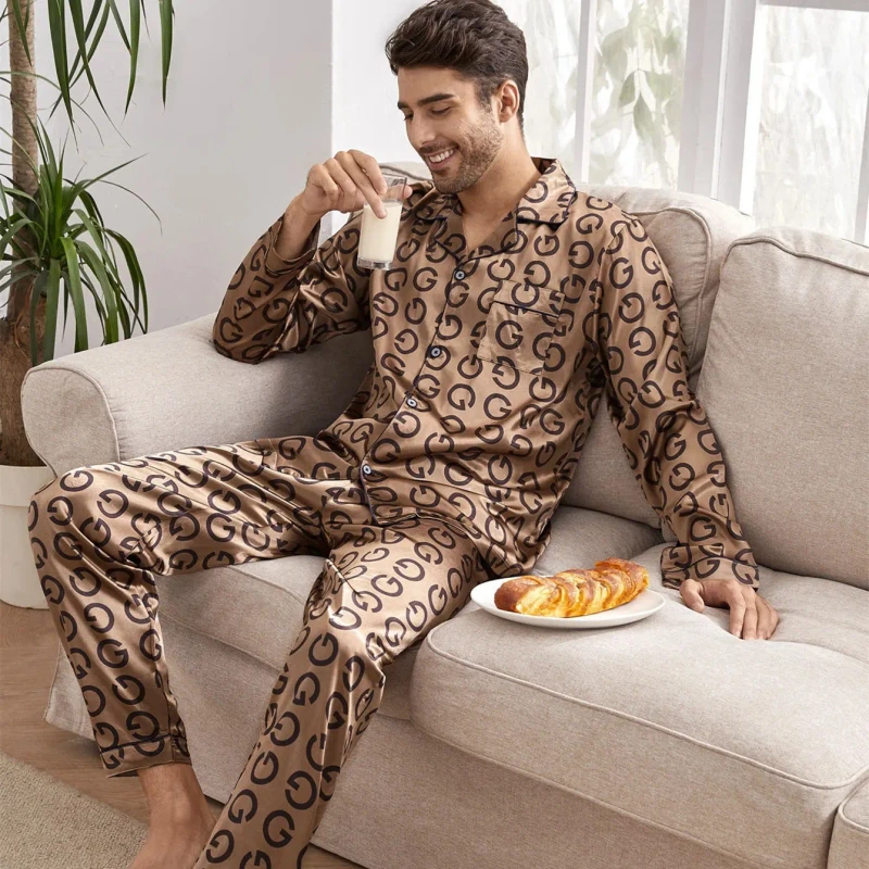Long Sleeve Luxury Men's Sleepwear Allover Letter Graphic Men Silk Satin Pajamas