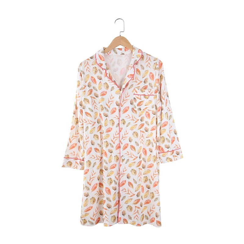 Long Sleeve Mother Pajamas In High Quality Bamboo Viscose Button Women Sleeping Wear Soft Mommy PJ Dress