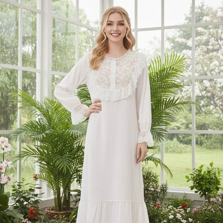 Long Sleeve Nightdress Spring Loose Plus Size Long French Comfortable Nightgown Palace Style Soft