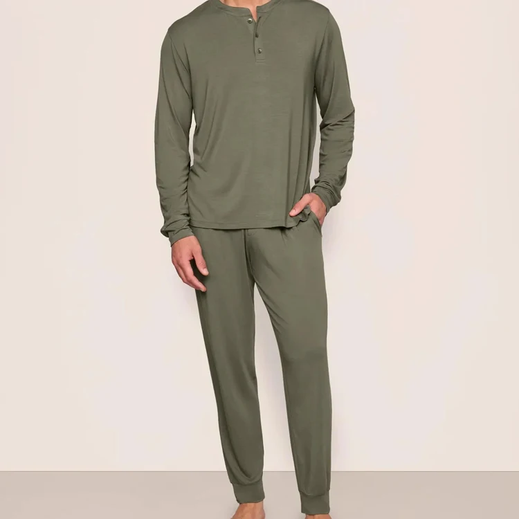 Long Sleeve PJ Set Modal Men's Pyjamas Custom Henley Shirt and Pant Organic Jersey Pajama for Men Sustainable Mens Home Wear
