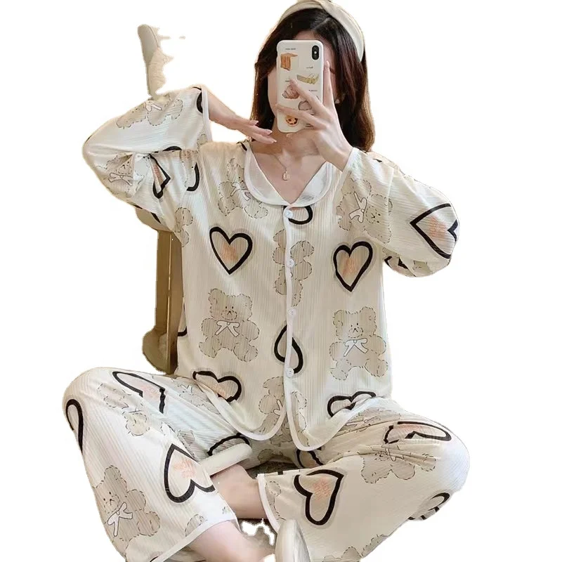 Long Sleeve Set Milk Cotton Fabric Designers Women's Pajamas Sets M to 2XL Size