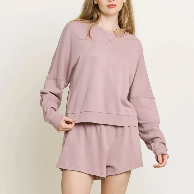 Long Sleeve Shortie Set for Women Cotton Terry Homewear Women's Crewneck and Short Sets Custom Two Piece Lounge Set