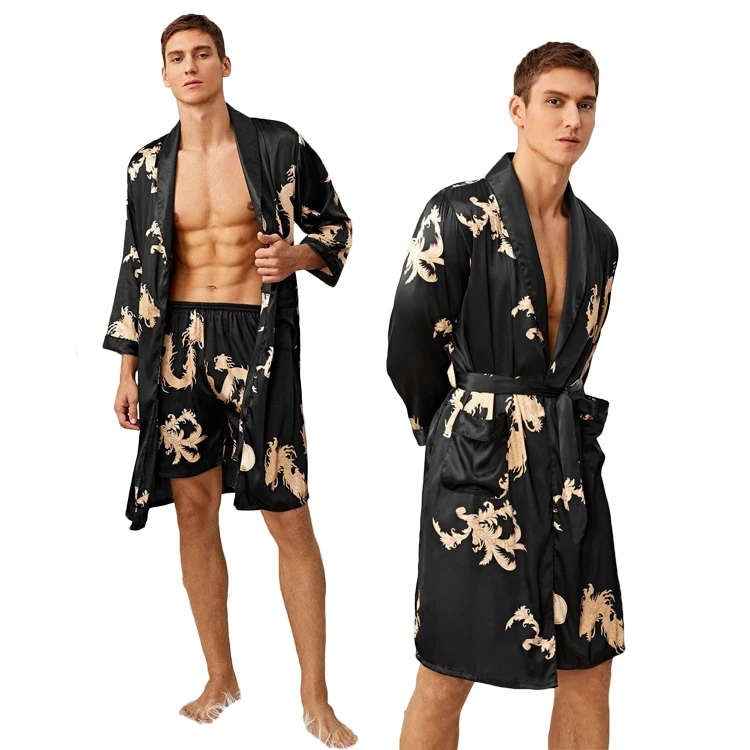 Long Sleeve Tribal Print Silk Men's Satin Robe With Shorts Set Custom Pajamas for Men