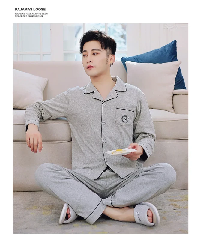 Long Sleeved Cotton Spring Summer Thin Cotton Men's Pajamas 2 Pieces Sets