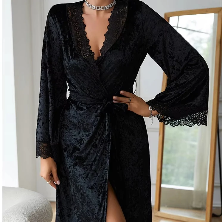 Long-Sleeved Microfiber Women's Bathrobe Sexy High Quality Sleepwear Nightgowns