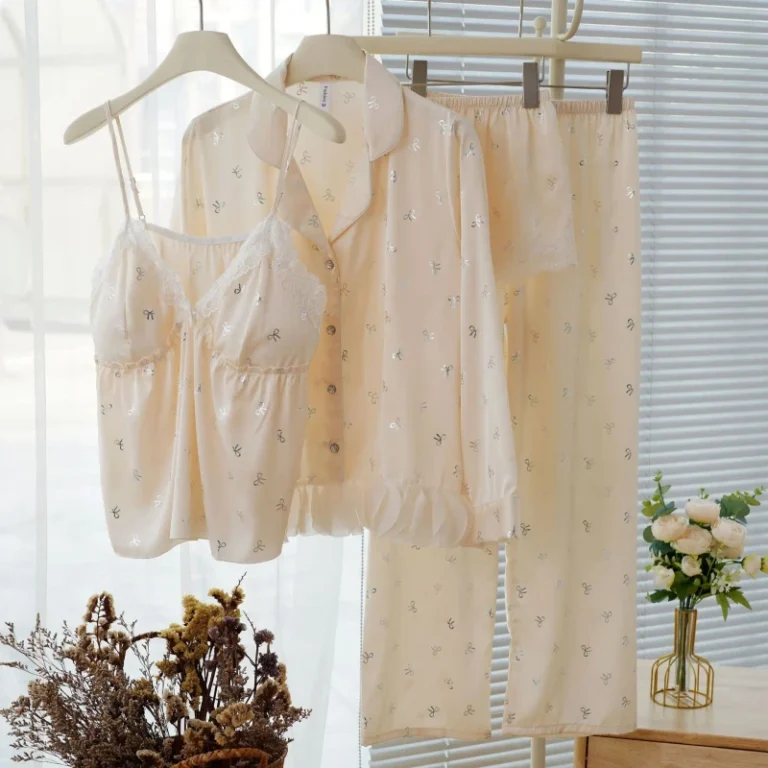 Long-Sleeved-Pajamas-Women-Summer-Thin-Chest-Pad-Sexy-Interesting-Ice-Silk-Suspenders-Four-Piece-Set-Home-Wea