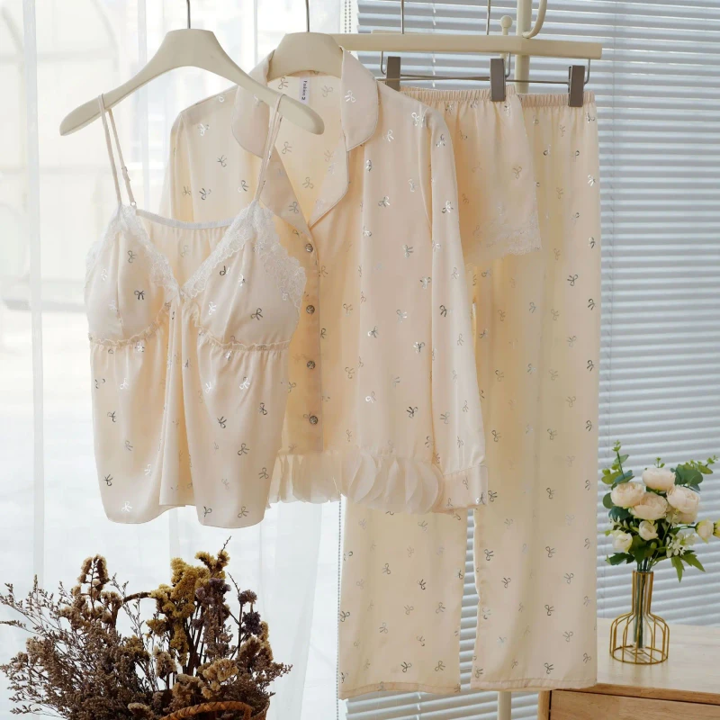 Long Sleeved Pajamas Women Summer Thin Chest Pad Sexy Interesting Ice Silk Suspenders Four Piece Set Home Wea