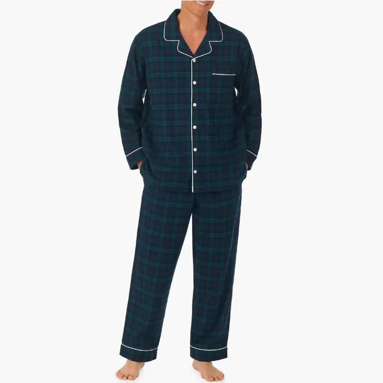 Long Sleeves Lounge Wear Two Piece Turn down Collars Sleepwear for Men 100% Cotton Plaid Flannel Pajamas pajama set custom