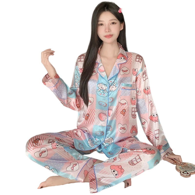 Long-sleeved Long-pants Casual Comfortable Sweet Cartoon Print Women's Outerwear-style Collared Homewear Pajamas