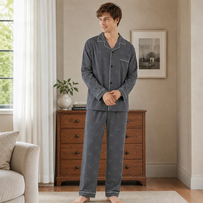Loose Fit Men Pajamas Set Lightweight Breathable Eco Friendly Elastic Waist Nightwear Men