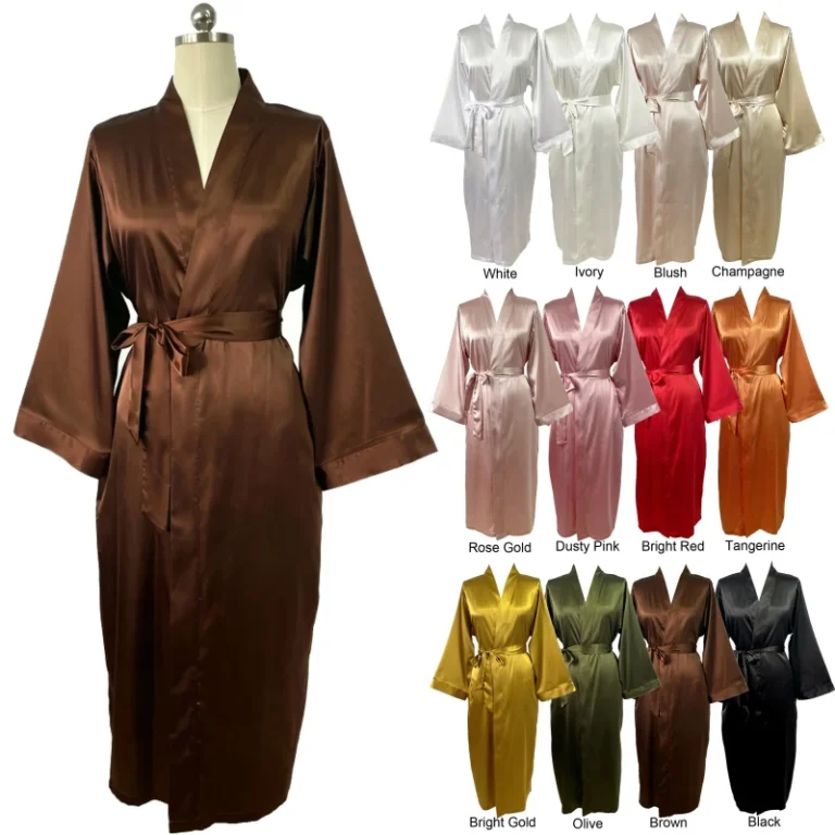 Loose-Fit-Womens-Long-Sleeve-Silk-Satin-Breathable-Kimono-Robe-Brown-Soft-Smooth-Solid-Bride-Bridesmaid-Wedding-Morning-Robes