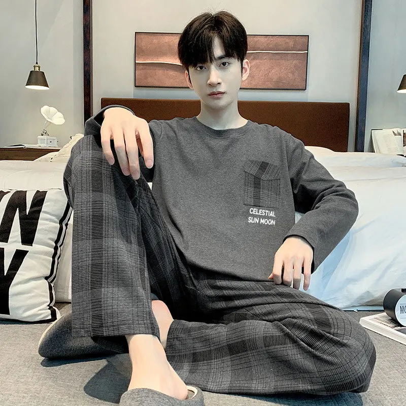 Lounge Pajamas Sets Men's Spring Long-sleeved Tops with Trousers Cotton Homewear Comfort Simple Sleepwear Two Pieces
