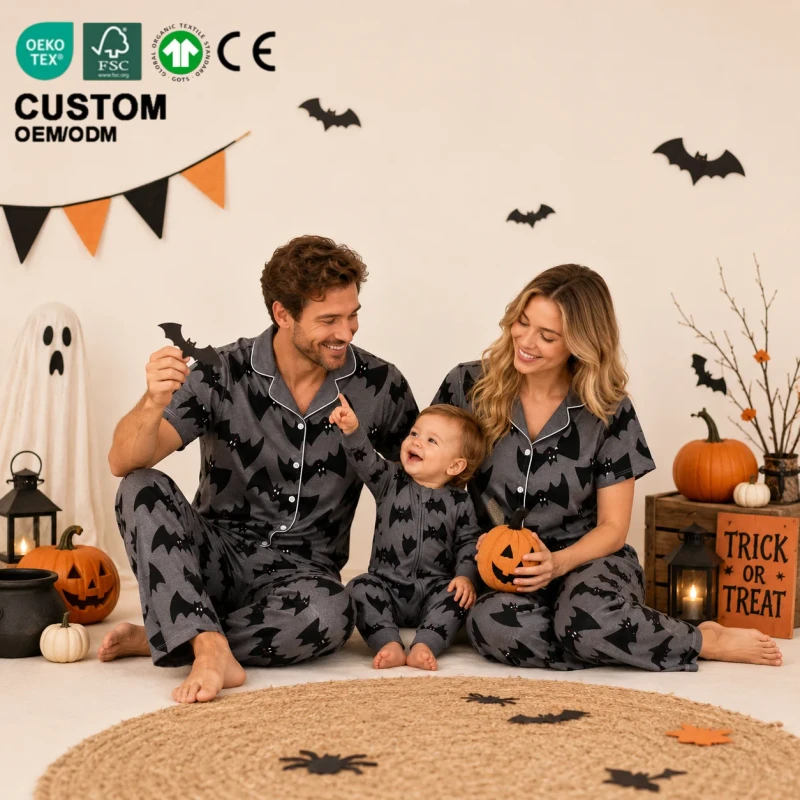 Loungewear Sets GOTS Certified Bamboo Halloween Family Matching Pajamas Mommy And Me Sleepwear Set Baby Zipper Romper Pajama Set
