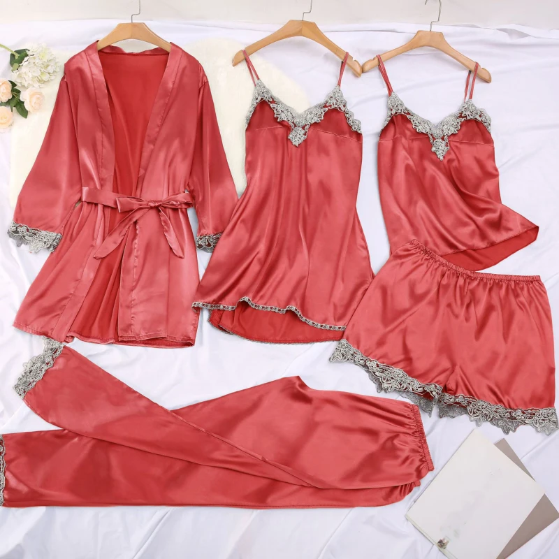 Loveda Sexy Lace 5pcs Soft Women Pajamas Sets Suspenders Nightdress Women's Home Wear Night Gowns Ladies Sleepwear