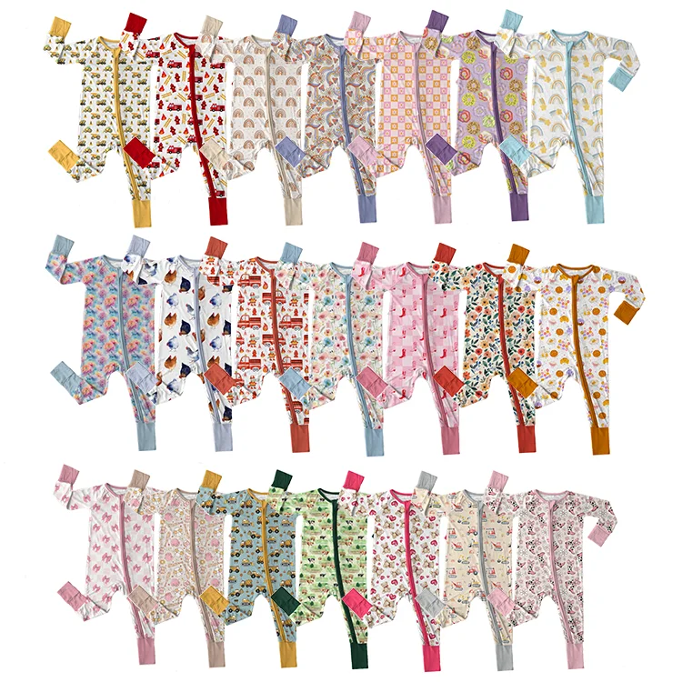 Low MOQ Custom Bamboo Baby Pajamas Print Knit Double Zipper Baby Onesie Toddler Pajamas