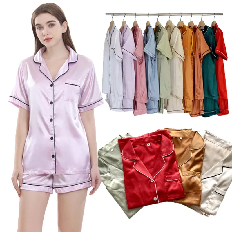 Luxury 21 Colors High Quality Summer Pajamas Women's Short Sleeves Pyjama Silk Satin Solid Plus Size Bride Bridal Pajama Set