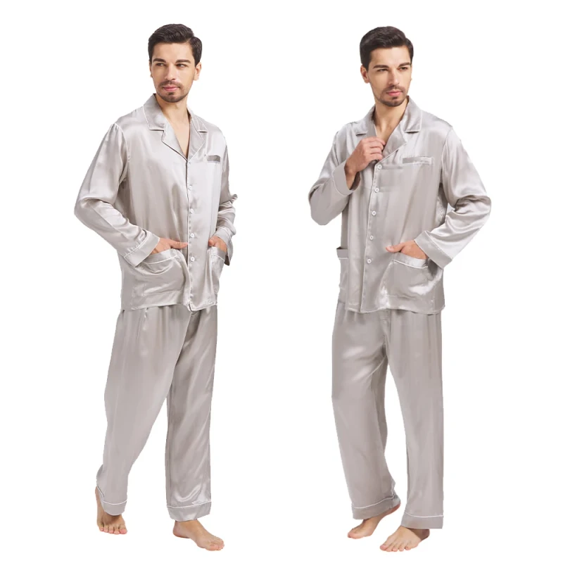 Luxury Fashion Design Silver Grey 100% Organic Silk Pajamas Men High Quality 2Pcs Pure Silk Mens Pajamas Nightgown