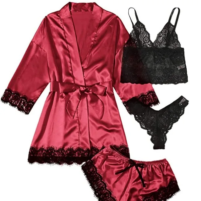 Luxury Four Piece Lace Nightdress Satin Suspender Autres Robes Des Grande Dame Pijamas De Cetim