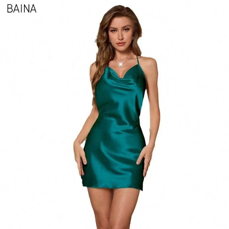 Luxury Nightdress Sexy Style Satin Deep V Backless Halter Solid Color Luxurious Night