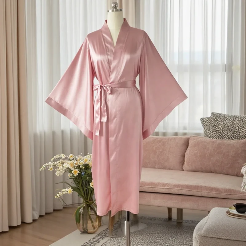 Luxury Plus Size Women Silk Satin V neck Long Belted Robes Big Wide Sleeves Plain Dyed Bridesmaid Bride Robes Women's Sleepwear