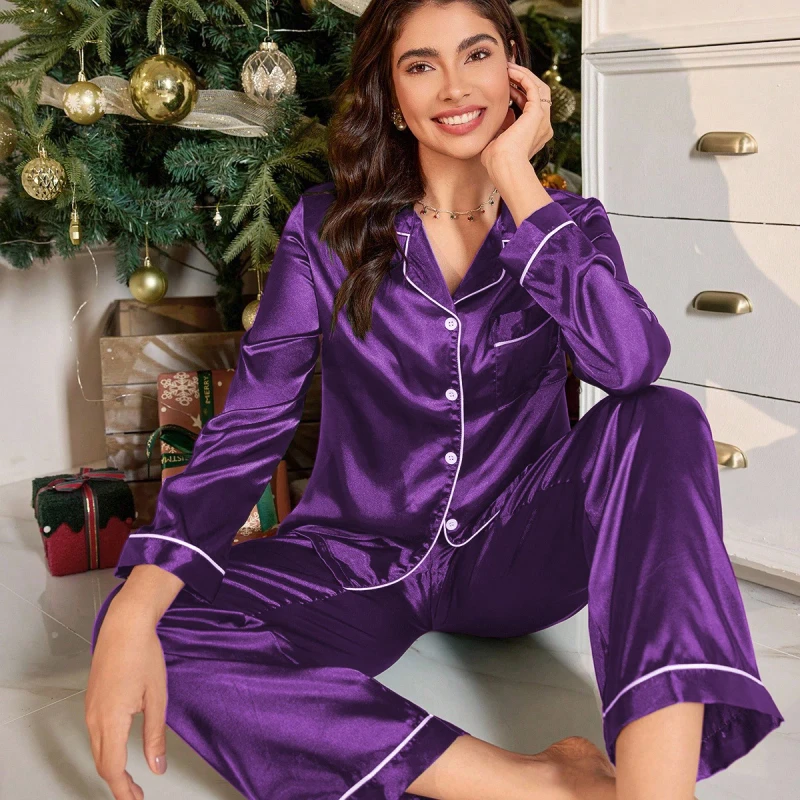 Luxury Satin Long Sleeved Collared Women's Pajama Set Elegant Purple Soft and Loose Fit
