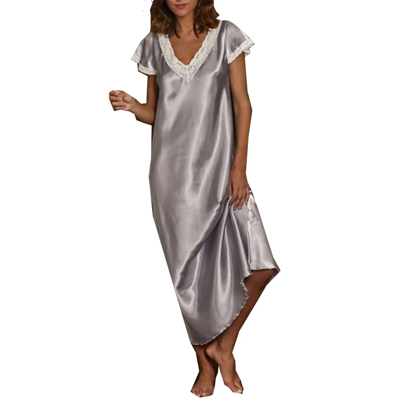 Luxury Sleepwear Ice Silk Women Pajamas Lace Trim V neck Long Nightgown Short Sleeve Night Dress Skirt
