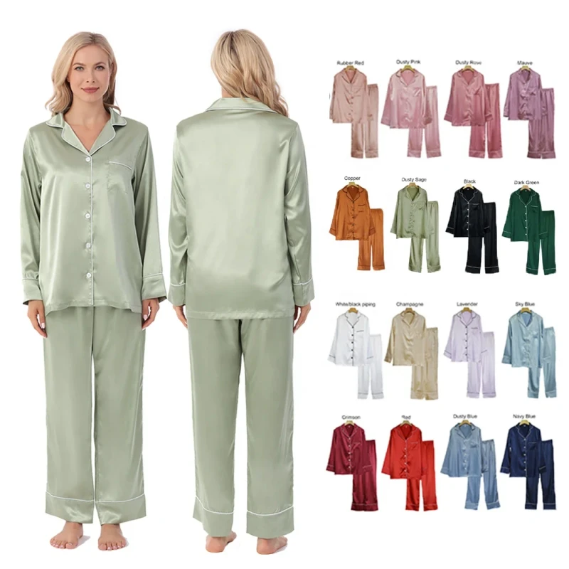 Luxury Smooth Solid Silk-like Satin Bridal Women's 2-Piece Pajamas Set with Long Sleeves Full Length Pants Elastic Waist Pajama