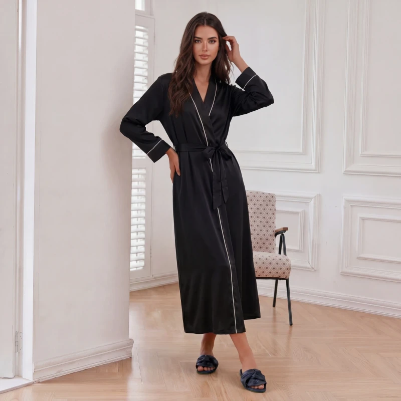 Luxury Soft Smooth V neck Polyester Casual Color Blocking Border Elegant Long Sleeved Quick Drying Women's Robes